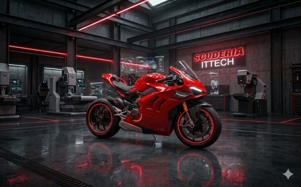 Oficina Scuderia itTech — moto desportiva vermelha, néon e ambiente high-tech